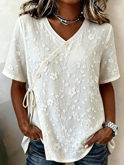 Cardydony Women's Casual Floral Art Wrap Tie Waist Blouse