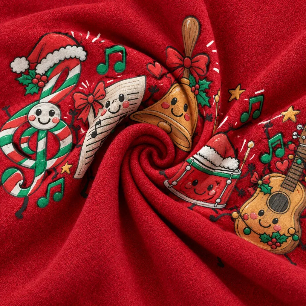 Cardydony Women's Playful Christmas Music Characters Graphic Relaxed Fit Red Crewneck Sweatshirt