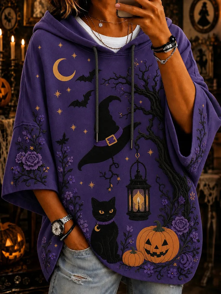 Cardydony Women's Halloween Black Cat Art Print Casual Hoodie