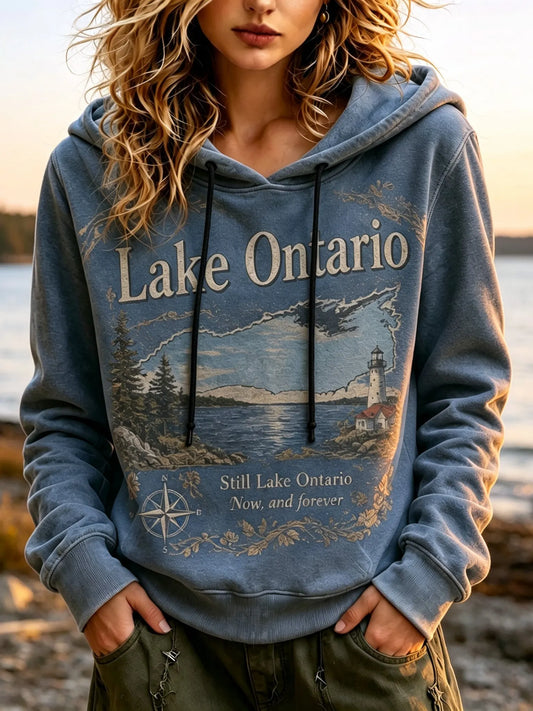 Cardydony Women's Retro Lake Ontario Print Hoodie