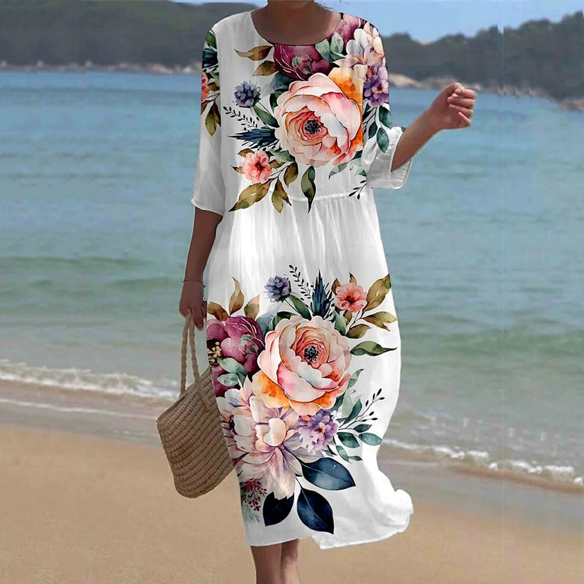 Cardydony Women's Floral Art Pattern Linen Blend Loose Three-quarter Sleeve Dress