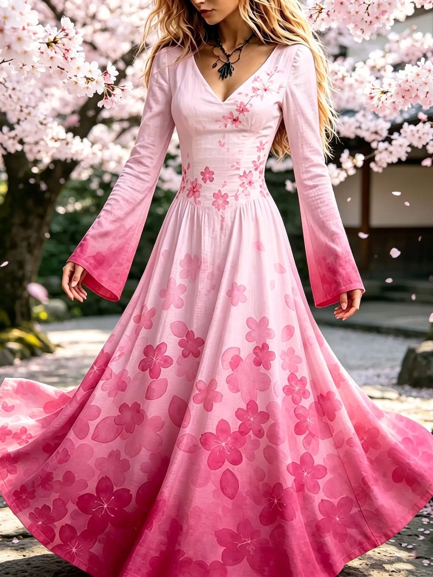Cardydony Women's Retro Japanese Art Bohemian Cherry Blossom Print Dress