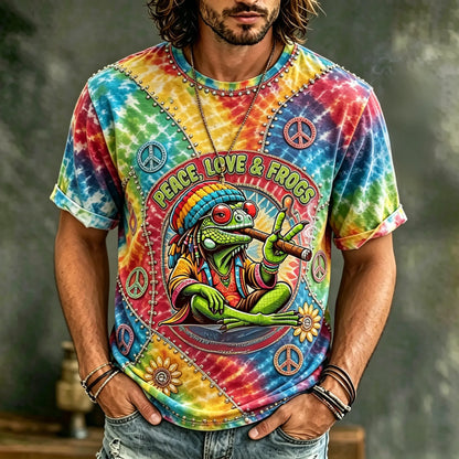 Cardydony Men's Vintage Hippie Floral And Frog In Patchwork Pattern Art Embroidered T-shirt
