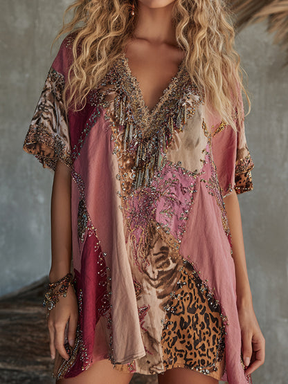 Cardydony Vintage Leopard And Animal Patchwork Art Linen Blend Loose Mini Dress