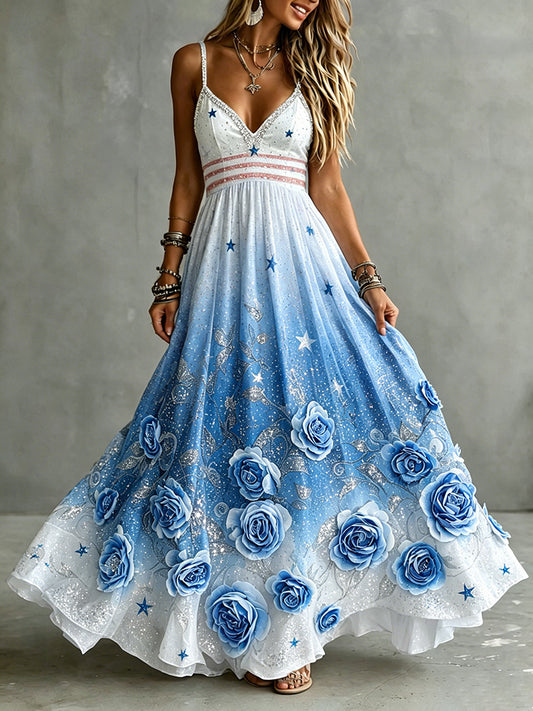 Cardydony Women's Independence Day Stars With Floral Gradient Art V-neck Suspender Maxi Dress