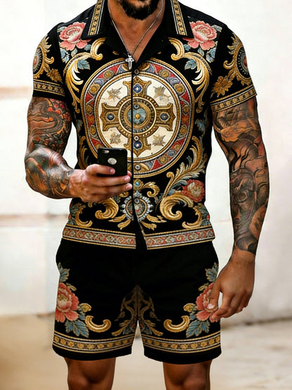 Cardydony Men's Fashion Floral Pattern Cuban Shirt And Shorts Two-piece Set