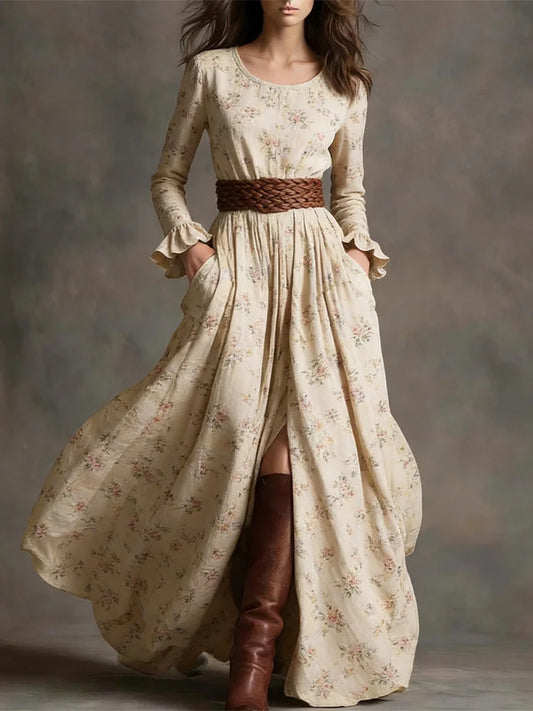 Cardydony Vintage Floral Cotton And Linen Long Sleeve Maxi Dress