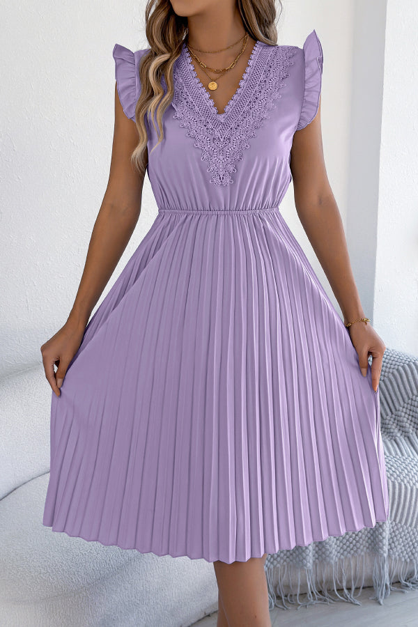 Cardydony Women's Solid Color V-neck Lace-trimmed Sleeveless Casual Pleated Midi Dress