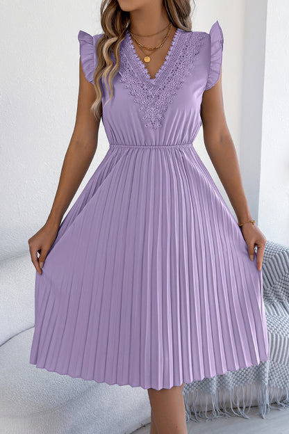 Cardydony Women's Solid Color V-neck Lace-trimmed Sleeveless Casual Pleated Midi Dress