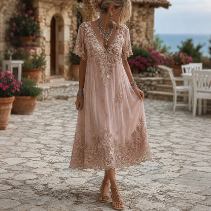 Cardydony Women's Floral Embroidered Art V-neck Short Sleeve Linen Blend Midi Dress