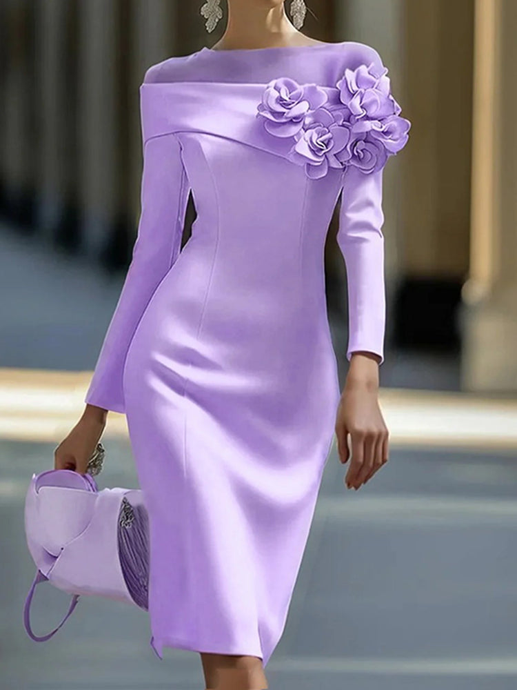 Cardydony Elegant Round Neck Three Dimensional Flower Decorated Midi Dress