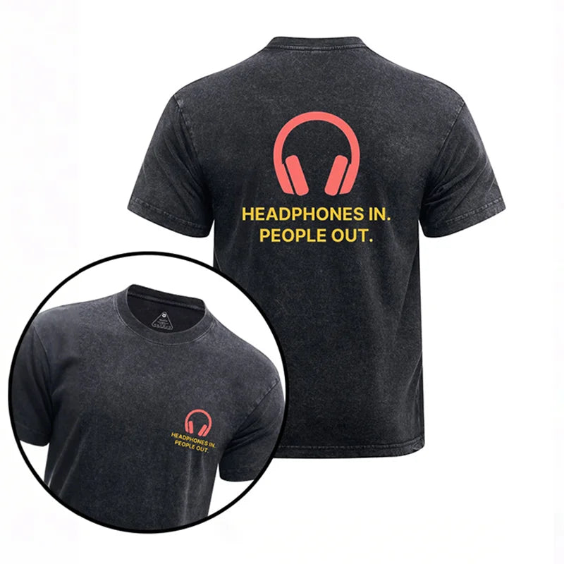 Cardydony Headphones In People Out Printed Washed Gym Shirt