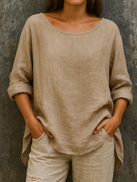 Cardydony Women's Vintage Solid Color Cotton Linen T-shirt