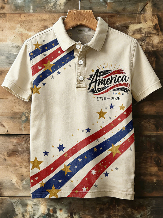 Cardydony Men's Independence Day American Flag Inspired Washed Polo Shirt