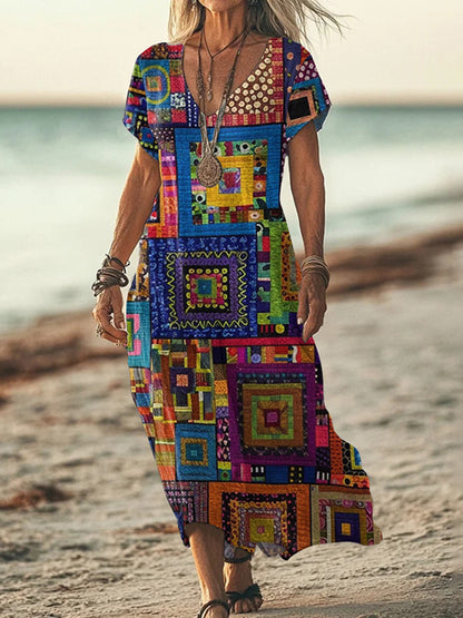 Cardydony Women's Retro Hippie Geometric Art Pattern Linen Blend V-neck Loose Midi Dress