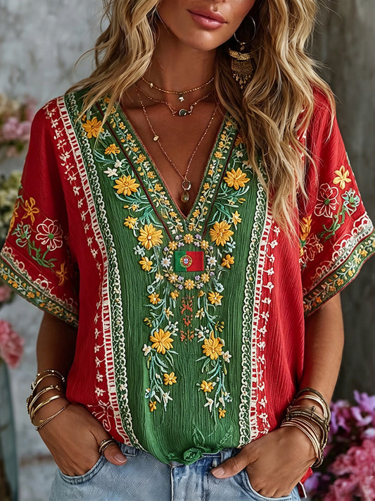 Cardydony Women's Vintage Floral Embroidered Art Patchwork V Neck Linen Blend T-shirt