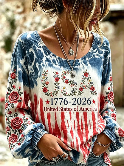 Cardydony Women's Independence Day Anniversary Floral Art Cotton Linen Crew Neck Long Sleeve T-shirt