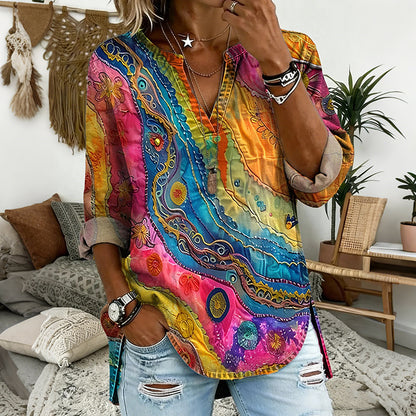 Cardydony Women's Colorful Wave Texture Pattern V Neck Blouse
