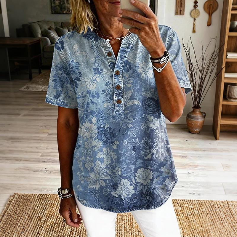 Cardydony Women's Vintage Floral Art Print Casual Short-sleeve Shirt