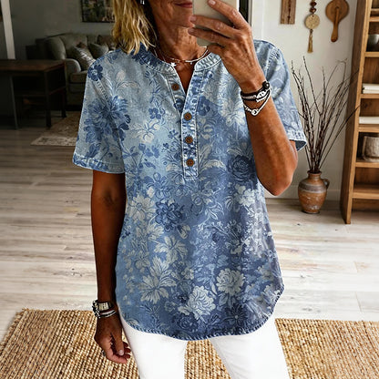 Cardydony Women's Vintage Floral Art Print Casual Short-sleeve Shirt