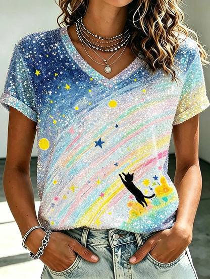 Cardydony Women's Cat And Starry Sky Sequin Print Short-sleeved Top