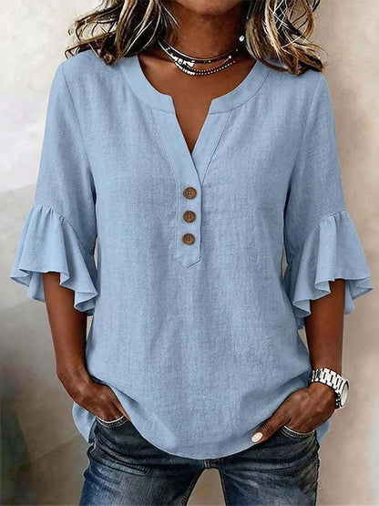 Cardydony Women's Solid Color Cotton Linen Bell-sleeve Casual Top