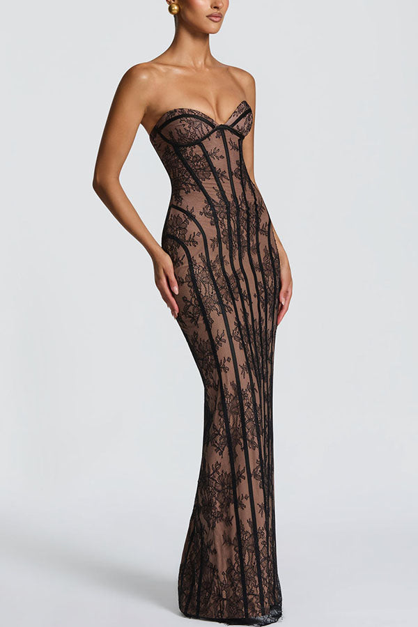Cardydony Women's Sian Floral Lace Contrast Structural Detail Back Lace-up Strapless Slit Maxi Dress