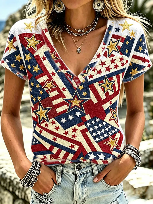 Cardydony Women's Vintage Usa Anniversary Patchwork Star Art Print Short Sleeve Top