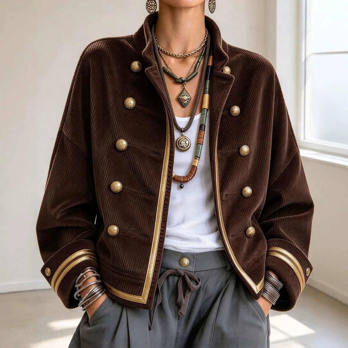 Cardydony Women's Fall Winter Cozy Napoleonic Stand-up Collar Gold Trim Double-breasted Button Corduroy Jacket