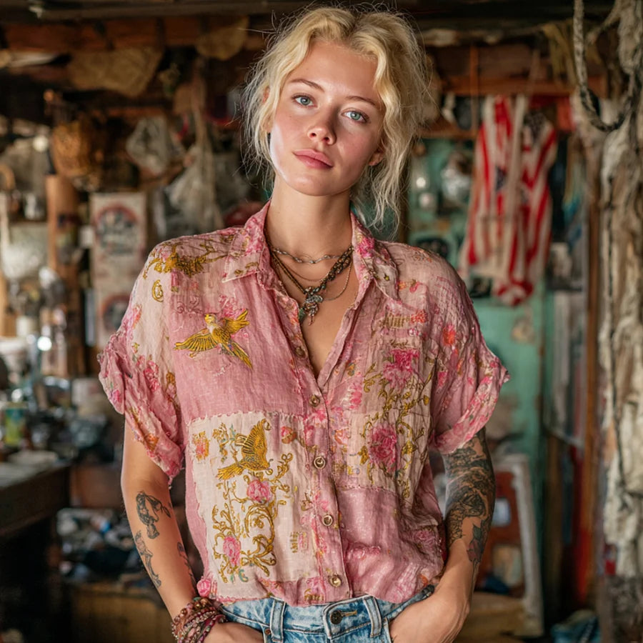 Cardydony Retro Japanese Floral And Bird Art Pink Linen Shawl Collar Cardigan Short Sleeve Top