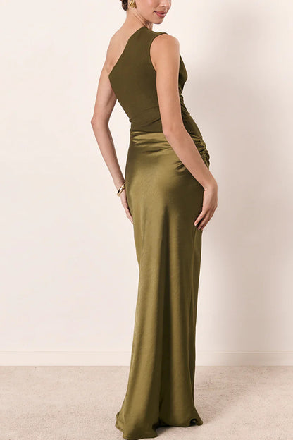 Cardydony Women's Kaia Satin Contrast Fabric Patchwork One Shoulder Ruched Maxi Dress