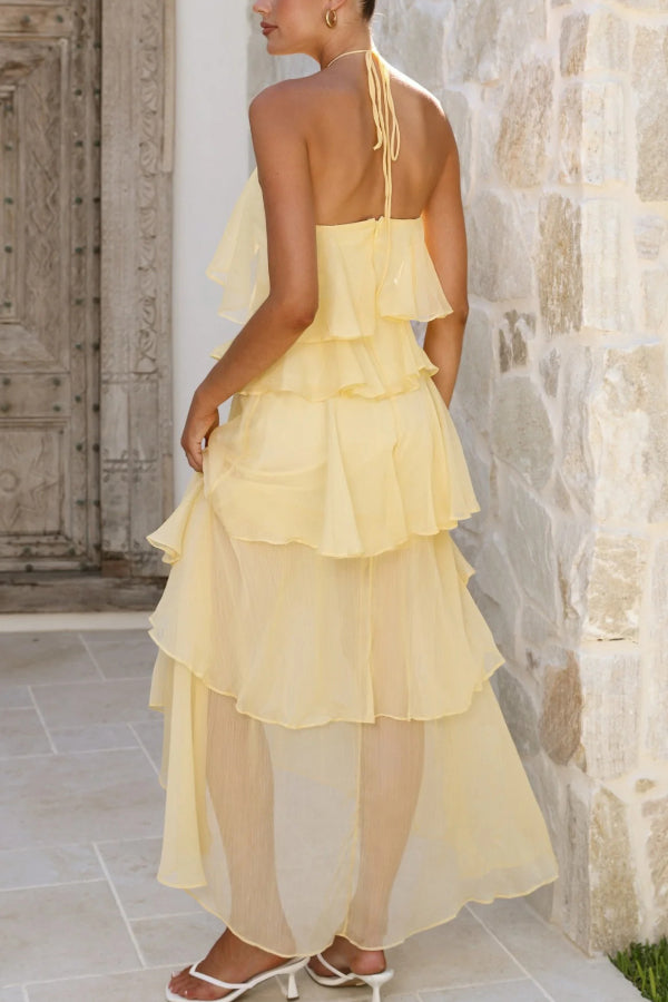 Cardydony Women's Solid Color Chiffon Halter Neck Elegant Ruffle Maxi Dress