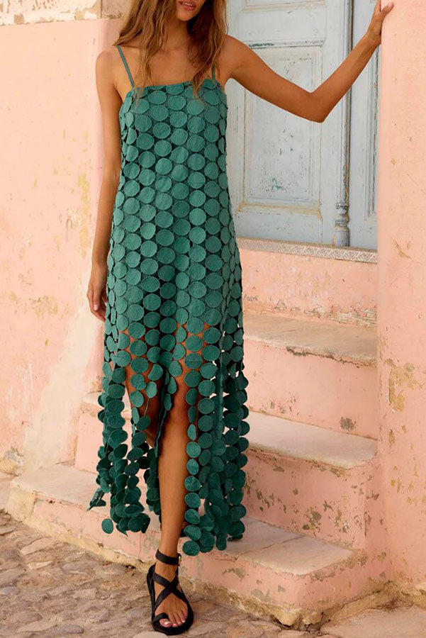 Cardydony Women's Juju Embroidered Cutout Polka Dots Square Neck Tassel Hem Slip Maxi Dress