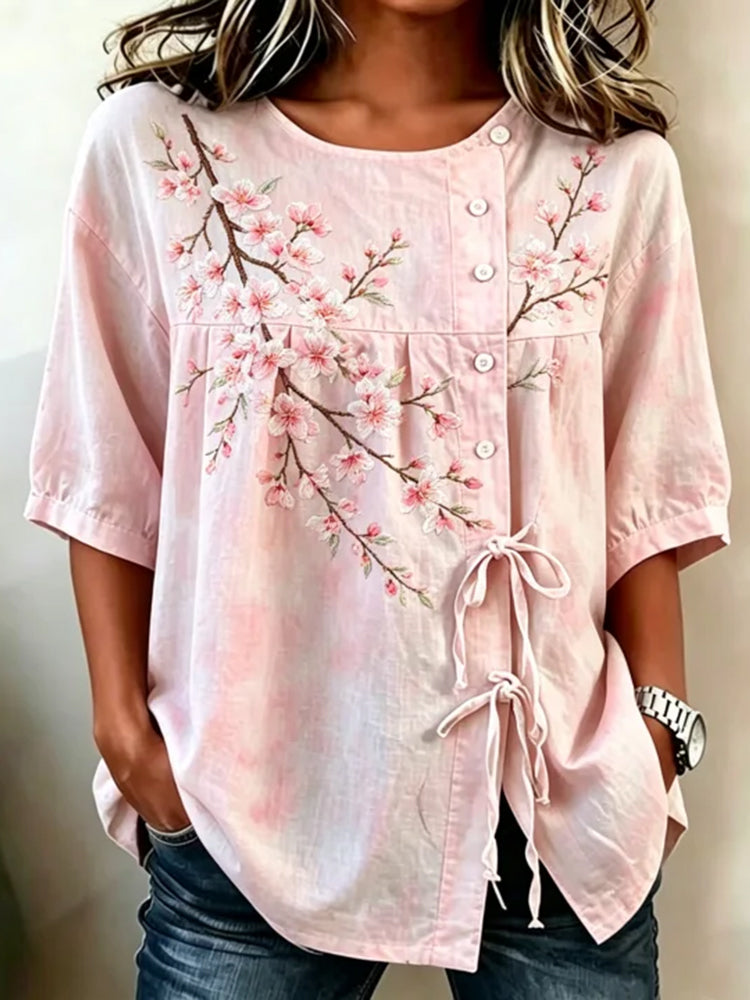 Cardydony Japanese-style Pink Cherry Blossom Embroidered Art Round Neck Tie-waist Shirt