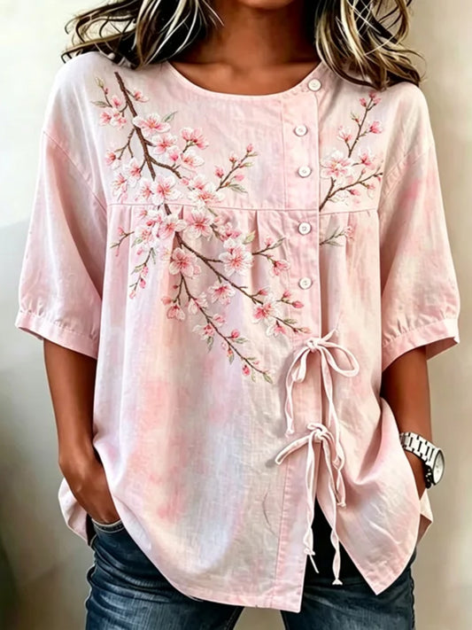 Cardydony Japanese-style Pink Cherry Blossom Embroidered Art Round Neck Tie-waist Shirt