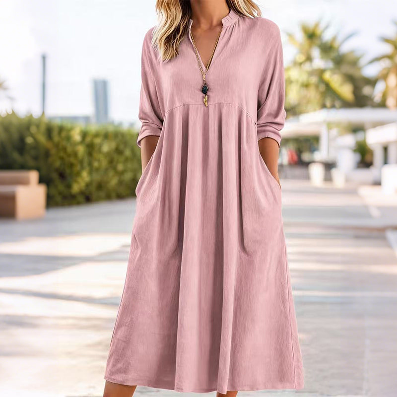Cardydony Women's Vintage Cotton-linen Three-quarter Sleeve V-neck Pocket Dress