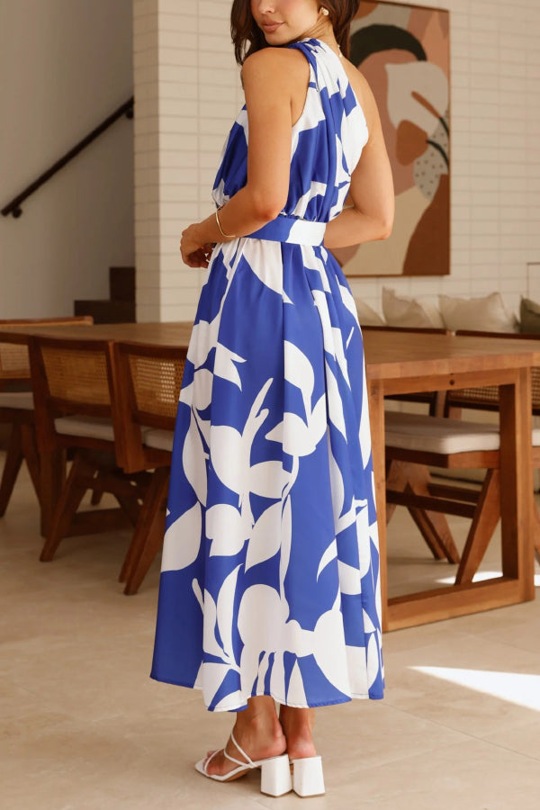 Cardydony Women's Unique Printed One-Shoulder Belt Casual Holiday Maxi Dress