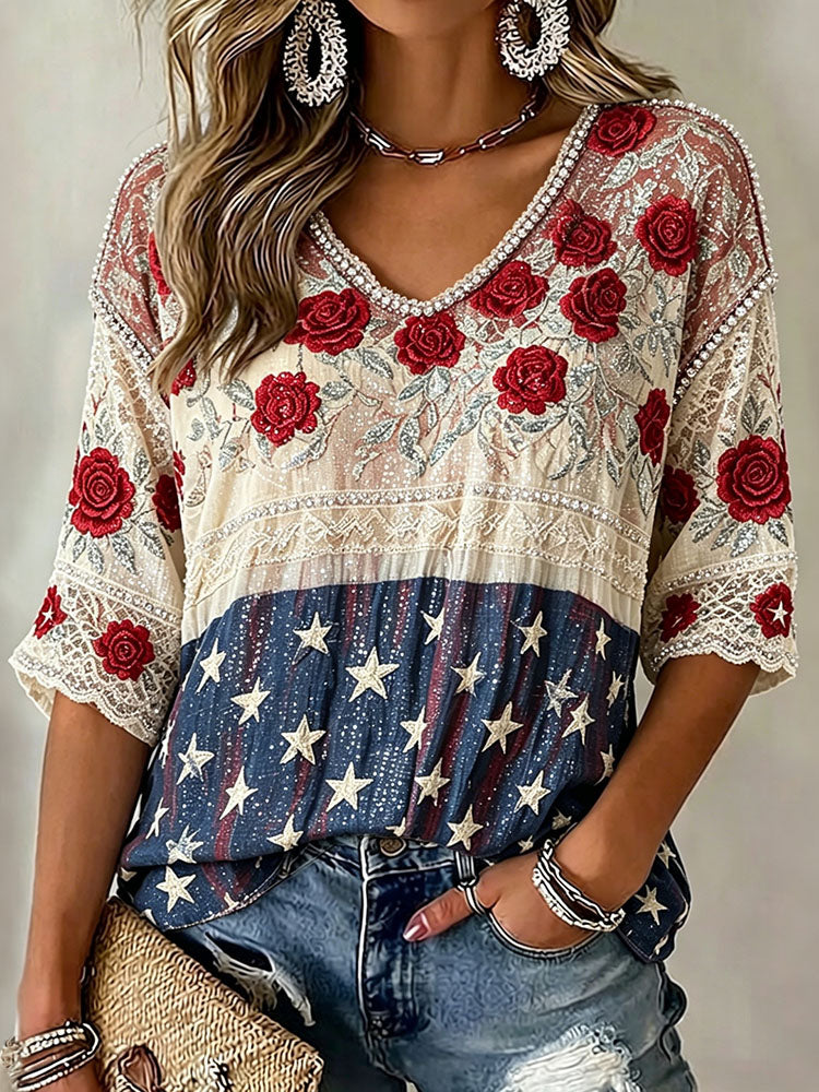 Cardydony Women's Independence Day And Rose Art Flowy Linen Blend Three Quarter Sleeves T-shirt