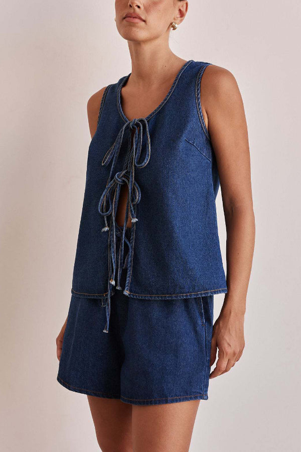 Cardydony Women's  Stylish Sleeveless Round Neck Tie-up Casual Denim Vest