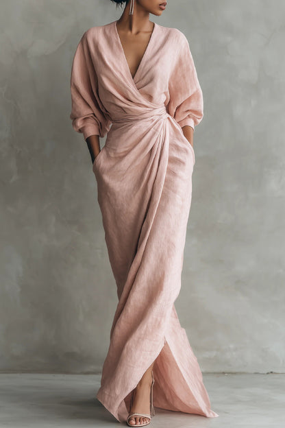 Cardydony Women's Linen Blend Loose V-neck Pleated Waist Casual Pocket Maxi Dress
