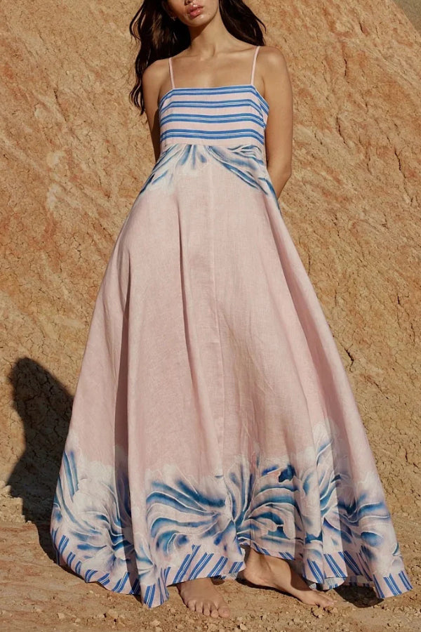 Cardydony Women's Unique Print Square Neck Spaghetti Strap Back Gathered Maxi Dress