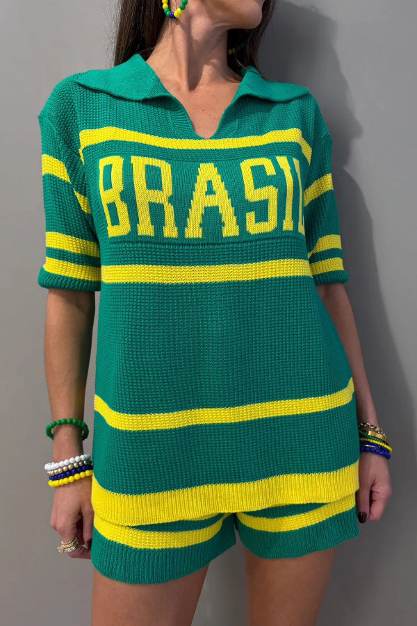 Cardydony Women's  World Cup-themed Jacquard V-neck Short-sleeved Loose-fitting Top and Casual Stretch Shorts Knit Set