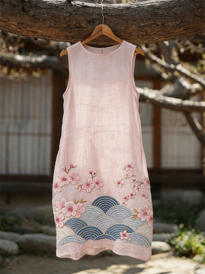 Cardydony Japanese Cherry Blossom Sea Waves Flowy Linen Dress
