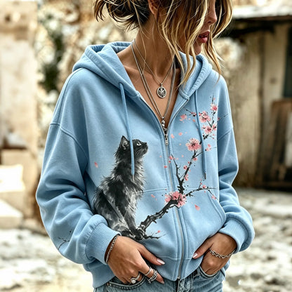 Cardydony Women's Retro Japanese Cherry Blossom And Cute Cat Art Pattern Comfortable Warm Zip-up Hoodie