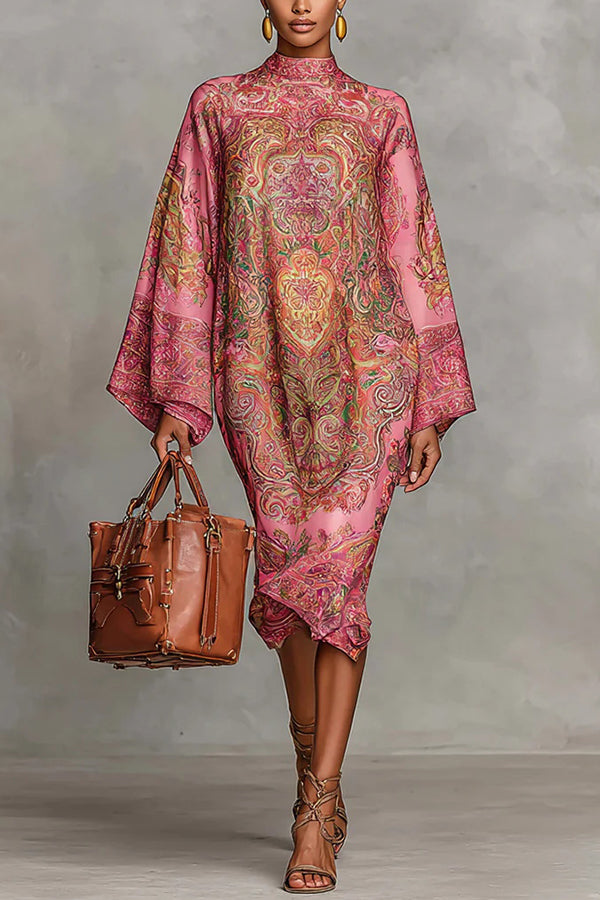 Cardydony Women's Retro Unique Print Casual Long-sleeved Loose Midi Dress