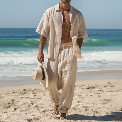 Cardydony Linen Simple Short-sleeved Shirt And Trousers Vacation Set