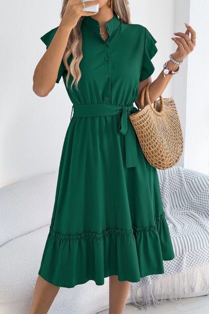 Cardydony Women's Solid Color Stand Collar Button Waist Tie Casual Midi Dress