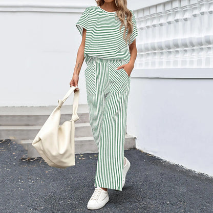Cardydony Striped Short Sleeve T-shirts Wide Leg Pants Two Piece Set
