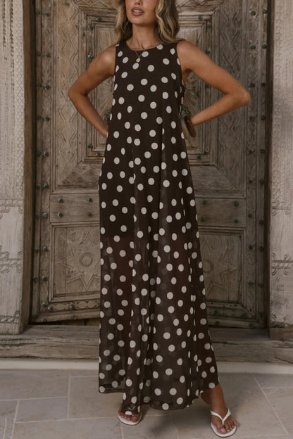 Cardydony Women's  Polka Dot Print Loose Round Neck Sleeveless Mesh Casual Maxi Dress