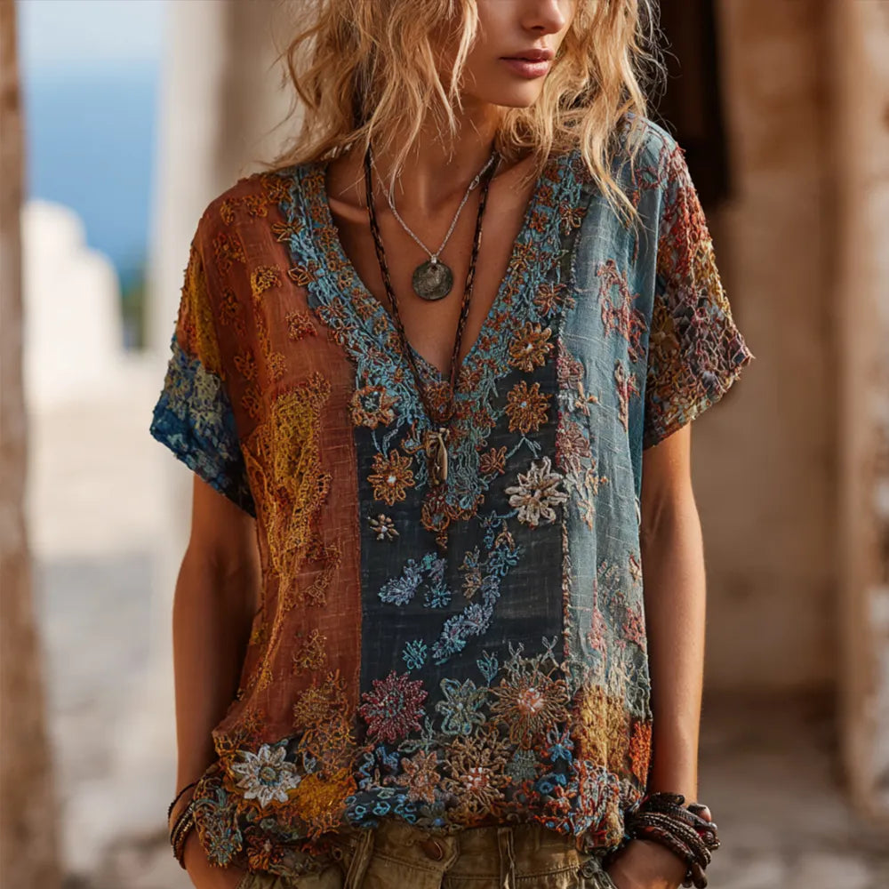 Cardydony Bohemian-style Plant-dyed Knitted Floral Loose Patchwork Short-sleeved Top